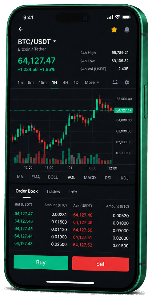 Application mobile Marée Fondiv — graphique BTC/USDT en direct, carnet d’ordres et outils de trading